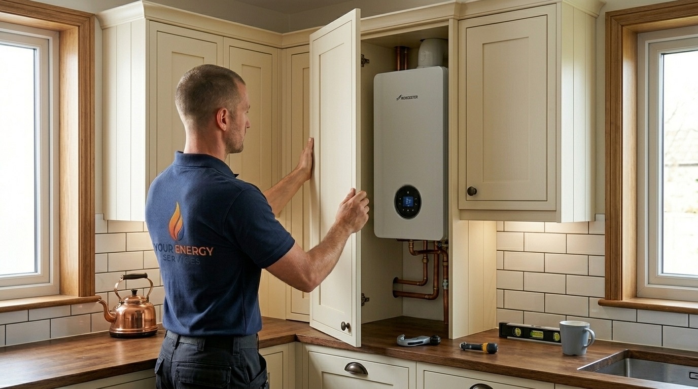 Your Energy Services engineer fitting a new Worcester Bosch combi boiler in a kitchen cupboard