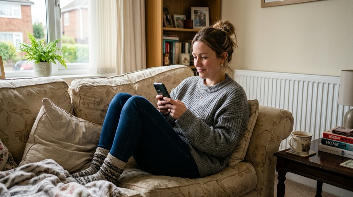 Homeowner relaxing in a warm living room by the radiator